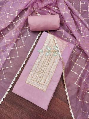 Lavender cotton banarasi handwork unstitched dress material 2