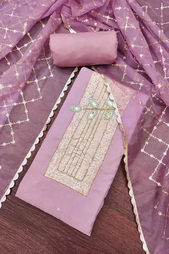 Lavender cotton banarasi handwork unstitched dress material