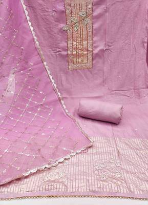 Lavender cotton banarasi handwork unstitched dress material 3