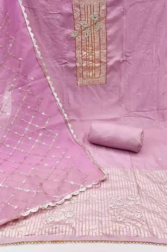 Lavender cotton banarasi handwork unstitched dress material