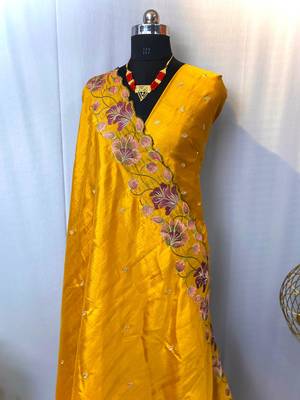 Orange Color Tussar Silk Floral Thread Embroidered Saree 1