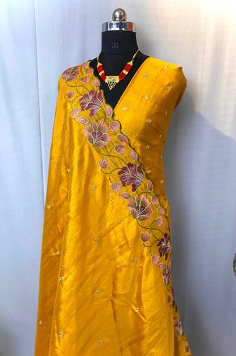 Orange Color Tussar Silk Floral Thread Embroidered Saree