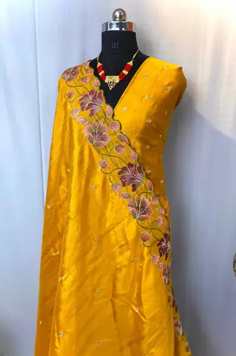 Orange Color Tussar Silk Floral Thread Embroidered Saree