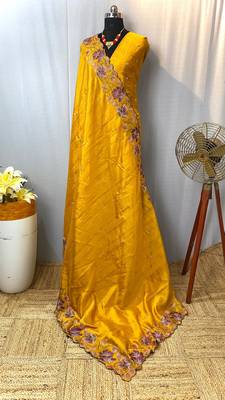 Orange Color Tussar Silk Floral Thread Embroidered Saree 2