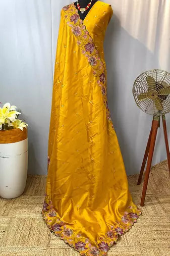 Orange Color Tussar Silk Floral Thread Embroidered Saree