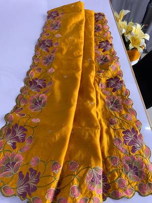 Orange Color Tussar Silk Floral Thread Embroidered Saree 3