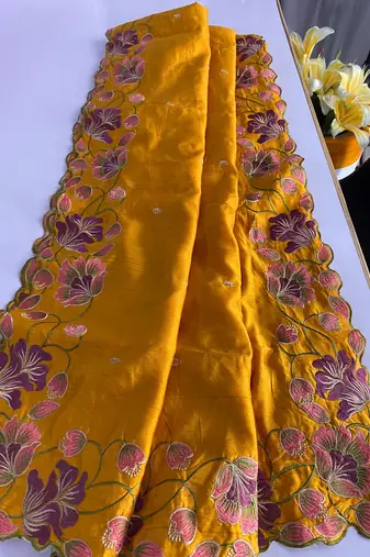 Orange Color Tussar Silk Floral Thread Embroidered Saree