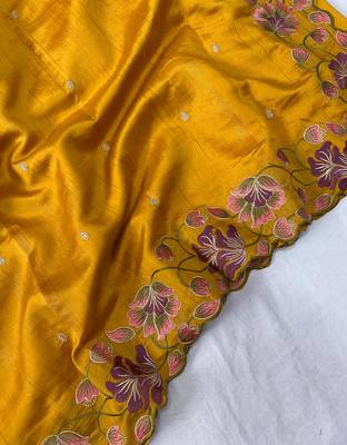 Orange Color Tussar Silk Floral Thread Embroidered Saree 4