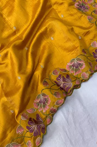 Orange Color Tussar Silk Floral Thread Embroidered Saree