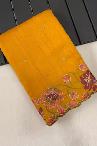 Orange Color Tussar Silk Floral Thread Embroidered Saree