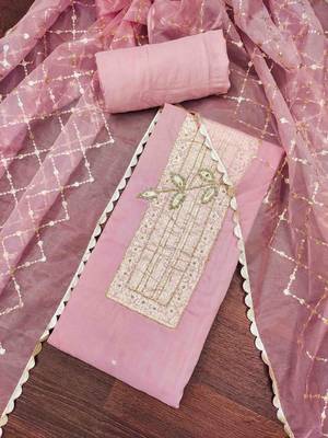 Pink cotton banarasi handwork unstitched dress material 2