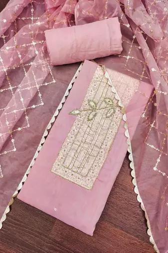 Pink cotton banarasi handwork unstitched dress material