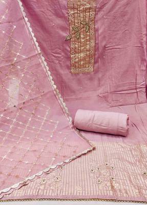 Pink cotton banarasi handwork unstitched dress material 3