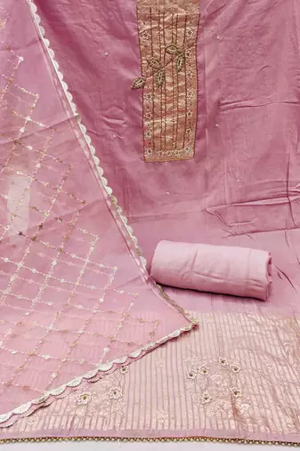 Pink cotton banarasi handwork unstitched dress material