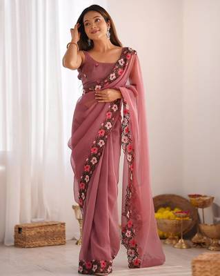 designer heavy embroidery border tissue pink saree 1