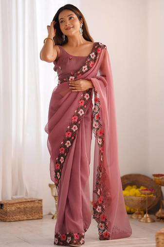 Latest designer heavy embroidery border tissue festival wear pink saree