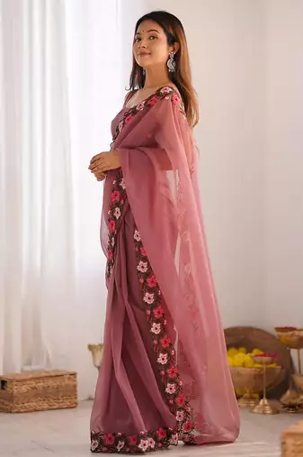 designer heavy embroidery border tissue pink saree