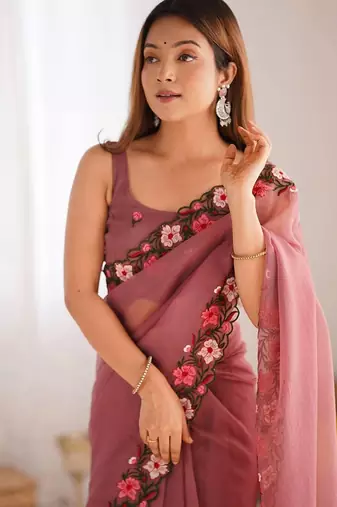 designer heavy embroidery border tissue pink saree