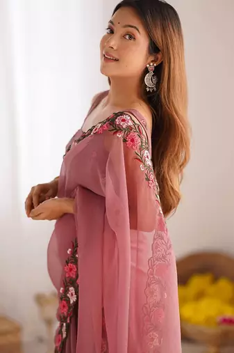 designer heavy embroidery border tissue pink saree