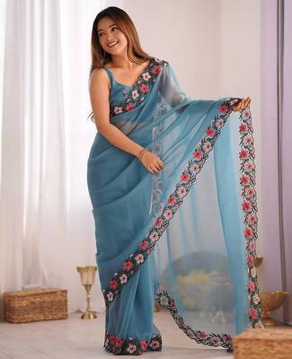 designer heavy embroidery border  tissue blue saree 1