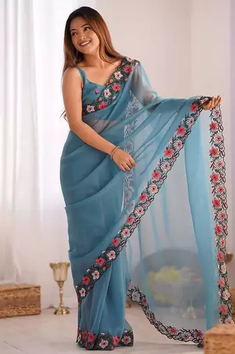 designer heavy embroidery border  tissue blue saree