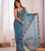designer heavy embroidery border  tissue blue saree