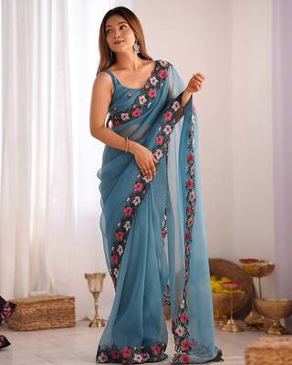 designer heavy embroidery border  tissue blue saree 2