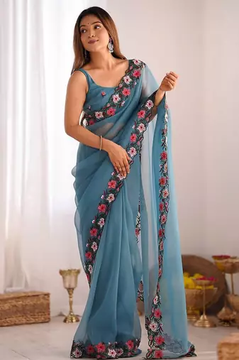 designer heavy embroidery border  tissue blue saree