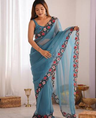 designer heavy embroidery border  tissue blue saree 3