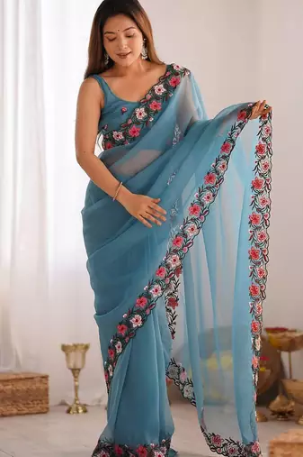 designer heavy embroidery border  tissue blue saree