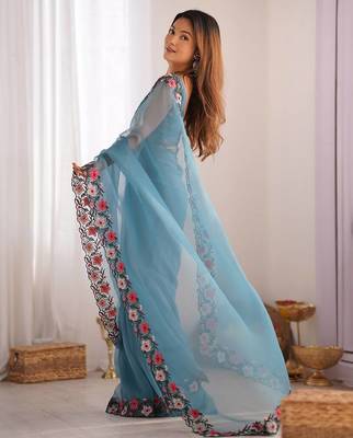 designer heavy embroidery border  tissue blue saree 4