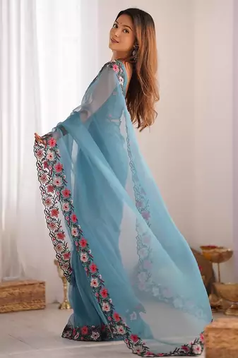 designer heavy embroidery border  tissue blue saree