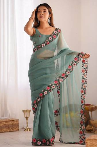 Latest designer heavy embroidery border  tissue festival wear green saree