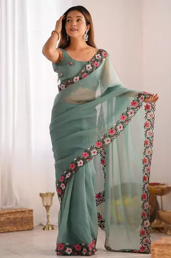 Latest designer heavy embroidery border  tissue festival wear green saree