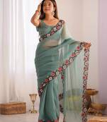 designer heavy embroidery border  tissue green saree