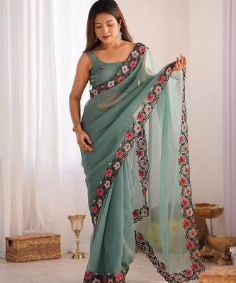 designer heavy embroidery border  tissue green saree 2