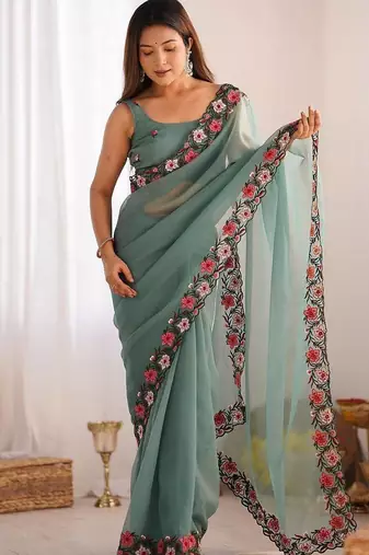 designer heavy embroidery border  tissue green saree