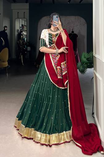 Bottle Green Chiffon Navratri Lehenga Choli with Sequins & Thread Embroidery