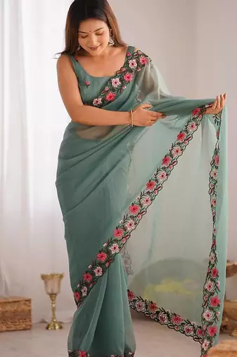 designer heavy embroidery border  tissue green saree