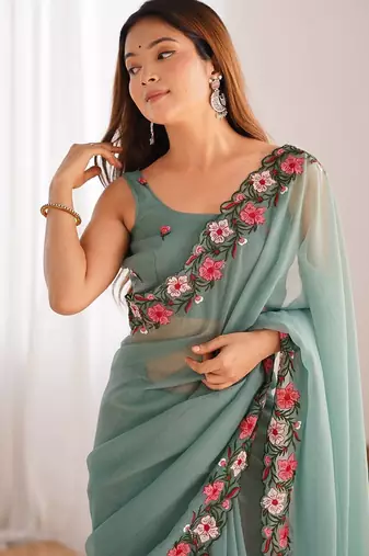 designer heavy embroidery border  tissue green saree
