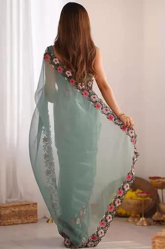 designer heavy embroidery border  tissue green saree