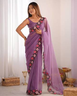 designer heavy embroidery border  tissue purple saree 1