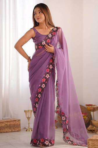 Latest designer heavy embroidery border  tissue festival wear purple saree