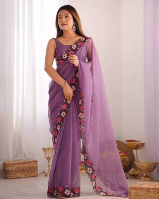 designer heavy embroidery border  tissue purple saree 2