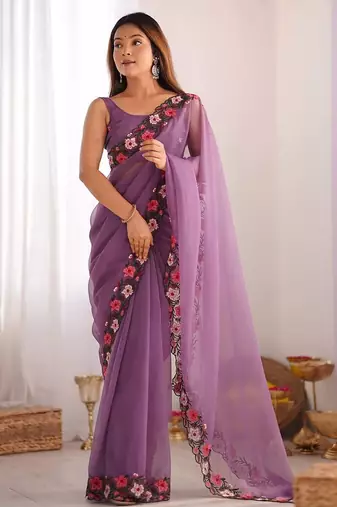 designer heavy embroidery border  tissue purple saree