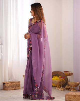 designer heavy embroidery border  tissue purple saree 3
