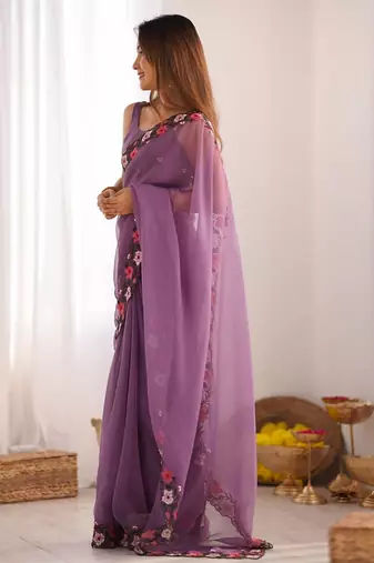 designer heavy embroidery border  tissue purple saree
