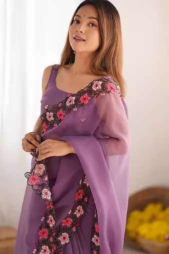 designer heavy embroidery border  tissue purple saree