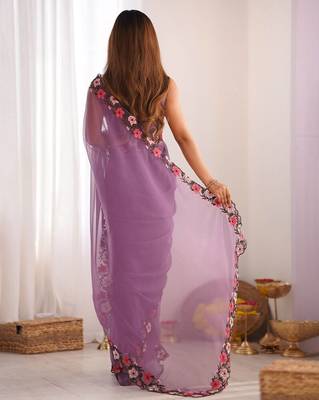designer heavy embroidery border  tissue purple saree 5