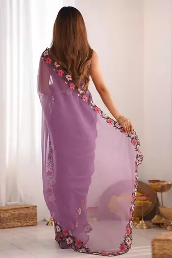 designer heavy embroidery border  tissue purple saree
